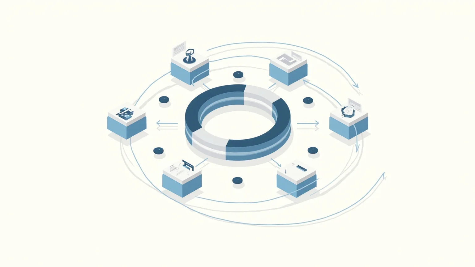 An isometric ring of six connected work stations with documents flowing between them